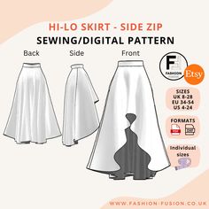 sewing pattern for a skirt with high - waist, side zip and back slits