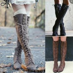 Women Long Boots Motorcycle Lace up Knee High Rivet Combat Riding Shoes Size 19 | eBay Block Boots, Steampunk Boots, Heels Patterns, Medieval Woman, Knight Boots, Popular Boots, Buy Boots, Boots Chunky, Trendy Boots