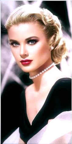 a woman with blonde hair wearing a black dress and pearls on her head, posing for the camera