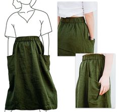 a woman's green skirt with pockets on the front and side, in three different views