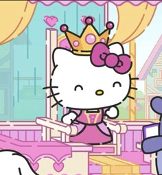 the hello kitty is playing with her stuffed animal friend in this cartoon character's bedroom