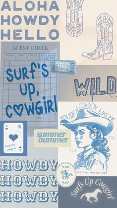 several different stickers are shown on the side of a sign that says, surf's up cowgirl