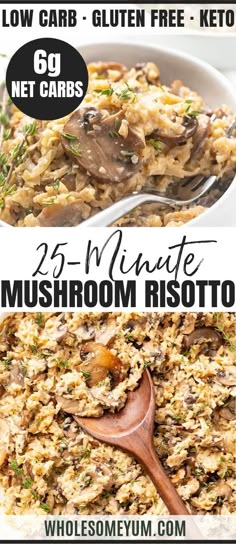 mushroom risoto with text overlay that reads low carb gluten free keto