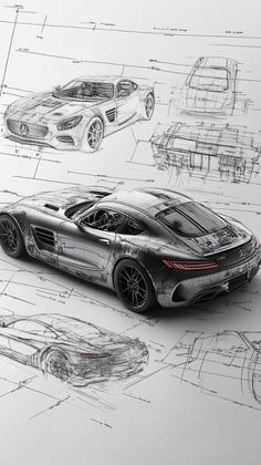 an image of a car in the middle of blueprints and drawings on paper