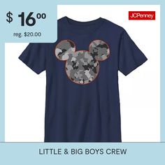 Disney's favorite iconic Mickey Mouse is featured on this graphic crew neck short-sleeve t-shirt made from soft cotton to keep your little or big boy in all-day comfort.Character: Mickey MouseClosure Type: Pullover HeadFit: Slim FitNeckline: Crew NeckSleeve Length: Short SleeveFiber Content: 100% CottonFabric Description: KnitCare: Tumble Dry, Machine WashCountry of Origin: Imported Tops Graphic, Disney Favorites, Big Boy, Big Boys, Shirts Tops, Graphic T Shirt, Graphic Tshirt, Crew Neck, T Shirts