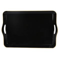 an empty black tray with gold trimmings on the edges and sides, isolated against a white background