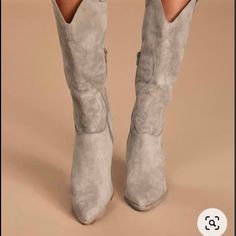 These Western Style Taupe Suede Boots From Vici Online Boutique Are Very Cool! Never Been Worn - And Come In Original Box. They Are Labeled As A Size 9. But, I’d Say They Are Closer In Size To An 8. Taupe Boots Knee High, Luxury Spring Boots With Reinforced Heel, Knee High Taupe Boots, Beige Boots Heels, Jessica Simpson Zellya Boots, Pointy Boots, Over The Knee Boot Outfit, Leather Western Boots, Winter Boho