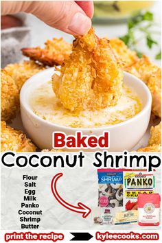 the advertisement for baked coconut shrimp is shown in red and white with an arrow pointing to it