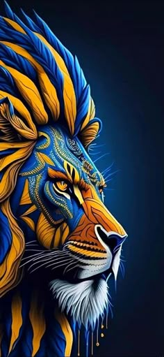 a lion with blue and yellow paint on it's face