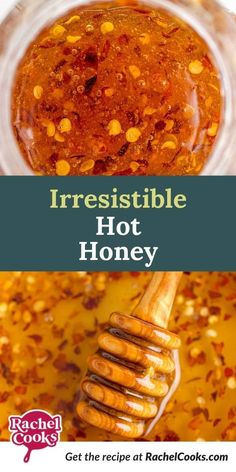 a jar filled with hot honey and a wooden spoon full of honey on the side