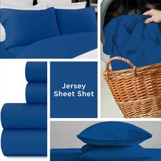 blue sheets and pillows in a basket next to a laundry machine with the words jersey sheet shel