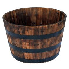 a wooden bucket with black stripes on the bottom and sides, isolated against a white background