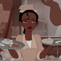 an animated woman holding two trays of food in front of her face and hands