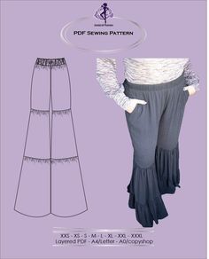 the front and back view of a woman's pants with ruffled hems