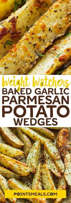 baked garlic parmesan potato wedges with text overlay