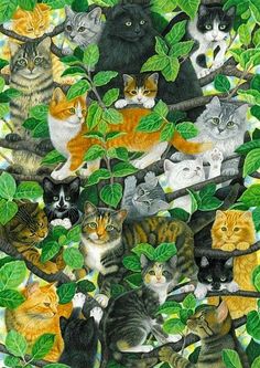 a group of cats sitting on top of a green leaf covered tree branch next to each other