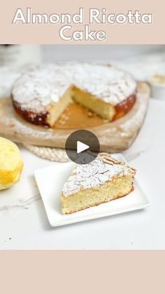 a video showing how to make almond ricotta cake with lemons and powdered sugar