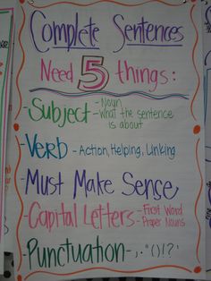 this is an image of a poster with writing on it that says complete sentences need 5 things