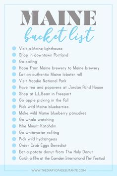 the maine bucket list is shown in blue and white