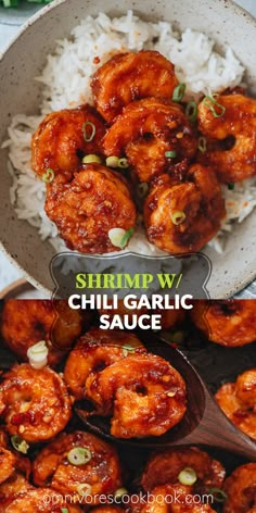 shrimp with chili garlic sauce and rice in a bowl