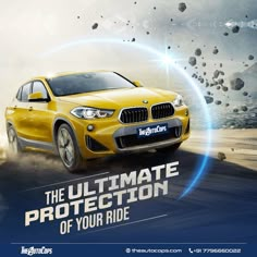 a yellow bmw car driving on a road with rocks in the background and text that reads, the ultimate protection of your ride