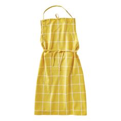 a yellow and white checkered dress hanging on a hanger in front of a white background