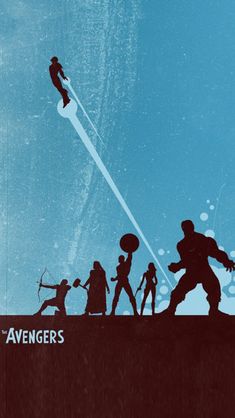 an advertisement for the avengers movie with silhouettes of people and a man flying through the air