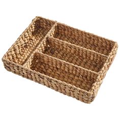 two wicker trays sitting side by side on a white background, each with different compartments