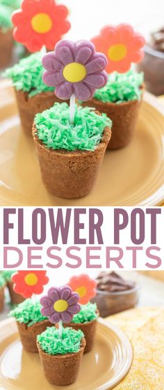 flower pot desserts with green frosting and flowers on top, sitting on plates