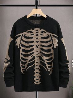 Men's Casual Color Block Skull Pattern Sweater, Autumn/Winter Halloween Halloween  Halloween Sweater Khaki Casual,Street  Long Sleeve Knitwear Halloween Pullovers Slight Stretch  Men Clothing, size features are:Bust: ,Length: ,Sleeve Length: Winter Clothing Men, Skeleton Jacket, Pattern Sweaters, Skeleton Hoodie, Sweaters Men, Mens Sweaters, Guys Clothing Styles, Mens Sweater, Halloween Sweater