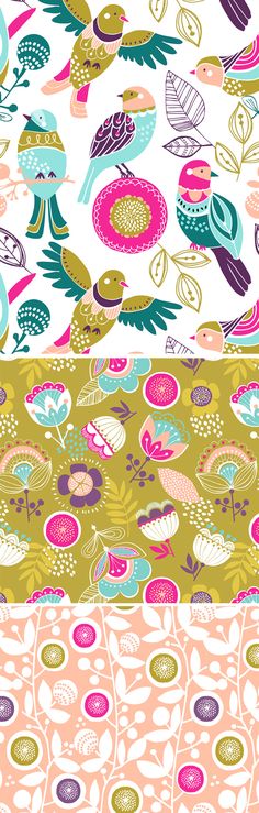 two different patterns with birds and flowers on them, one in pink, the other in green