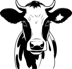 a black and white cow's head with horns