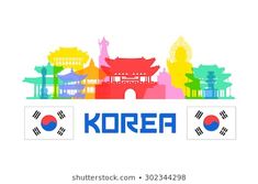 the logo for korea with colorful buildings and trees in the foreground, on a white background