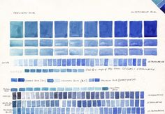 blue watercolor swatches are arranged on top of each other, with different colors