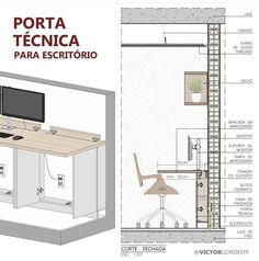 an architectural drawing shows the interior and exterior of a home, including a computer desk