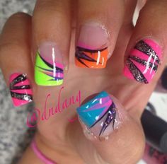 Bright Summer Nails Designs Neon French Tips, 80s Nails, Crazy Nail Designs, Fingernail Designs, Crazy Nails, Bright Nails, Get Nails, Nail Nail