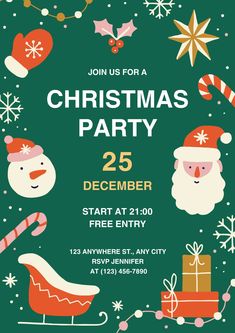 christmas party flyer with santa and other holiday items