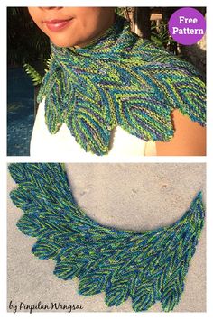 two pictures showing the same knitting pattern for a scarf