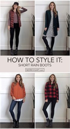 how to wear black rain boots Short Black Rain Boots Outfit Winter, How To Style Chelsea Rain Boots, What To Wear With Rain Boots Outfits, Rain Boot Work Outfit, Fall Black Boots Ankle Outfits, How To Style Hunter Chelsea Boots, Tall Black Rain Boots Outfit, Black Rain Boots Outfit Fall, Boots Outfit For Women Fall