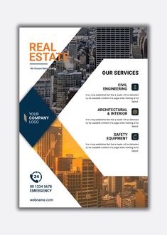 a real estate brochure with an image of cityscape in the background