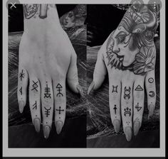 black and white photo of two hands with tattoos on each hand, one showing the symbols