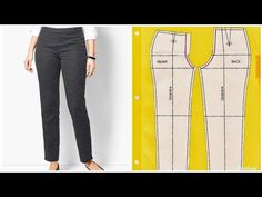 a woman standing next to a pair of pants with the pattern on it and an image of