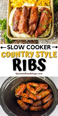 slow cooker country style ribs with corn on the cob and another side dish