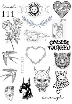 some tattoos that are on the back of a white sheet with words and pictures in it