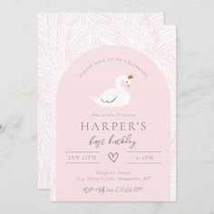 a pink and white swan birthday party card