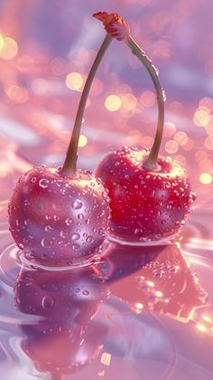 two cherries with water droplets on them are floating in the air and one has a flower