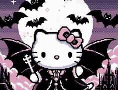 an image of a hello kitty halloween scene with bats and bats on the moon in the background