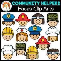 children's face cliparts with different types of hats and uniforms on them