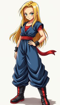 a cartoon character with long blonde hair and blue outfit standing in front of a white background