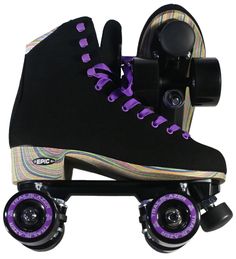 the roller skates are black and purple